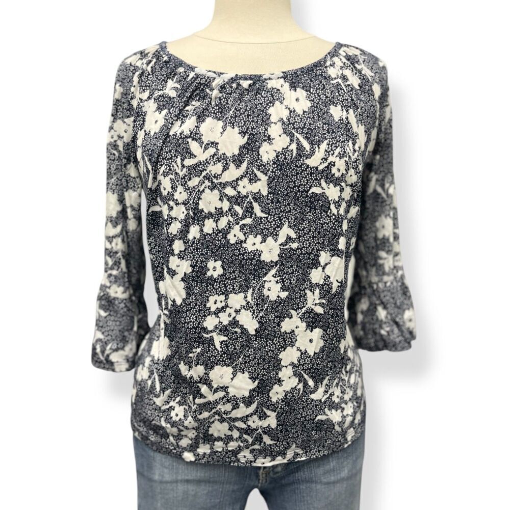 Michael Kors Abstract 3/4 Sleeve Blue White Shirt Med Modern Glamoratti Prep